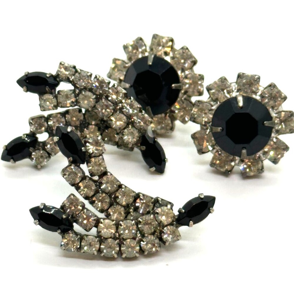 Vintage Black and Clear Rhinestone Pierced Earrings Silver Tone Floral Art Deco